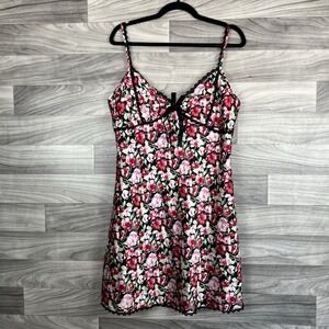 Enchanting Nightgown Womens L Black Lace Knee Length Satin Floral Sleepwear Sexy